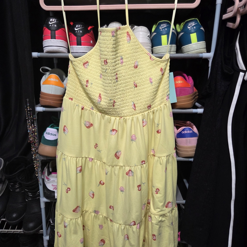 Casual Yellow Dress Strawberry Print, Size M